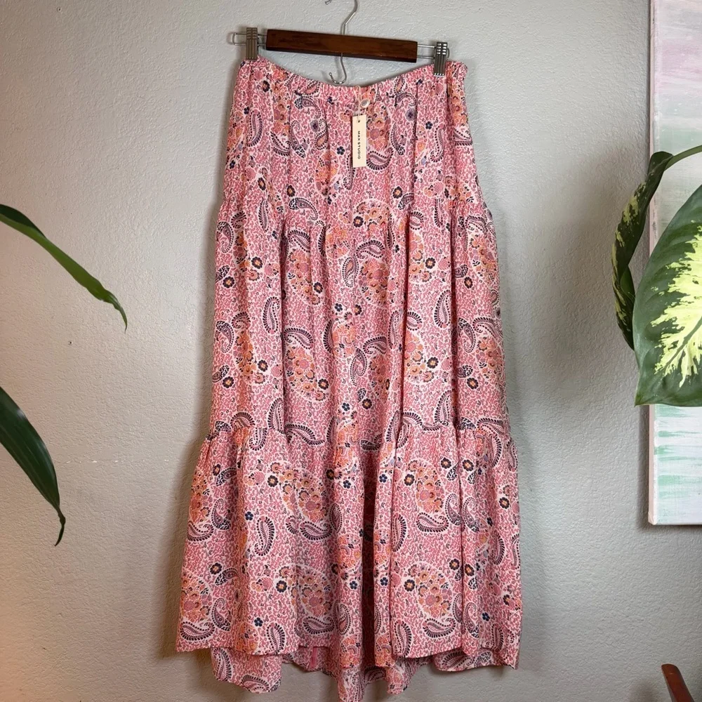 Max Studio Floral Pink Blue Paisley Button Front Detail Tiered Boho Maxi Skirt L